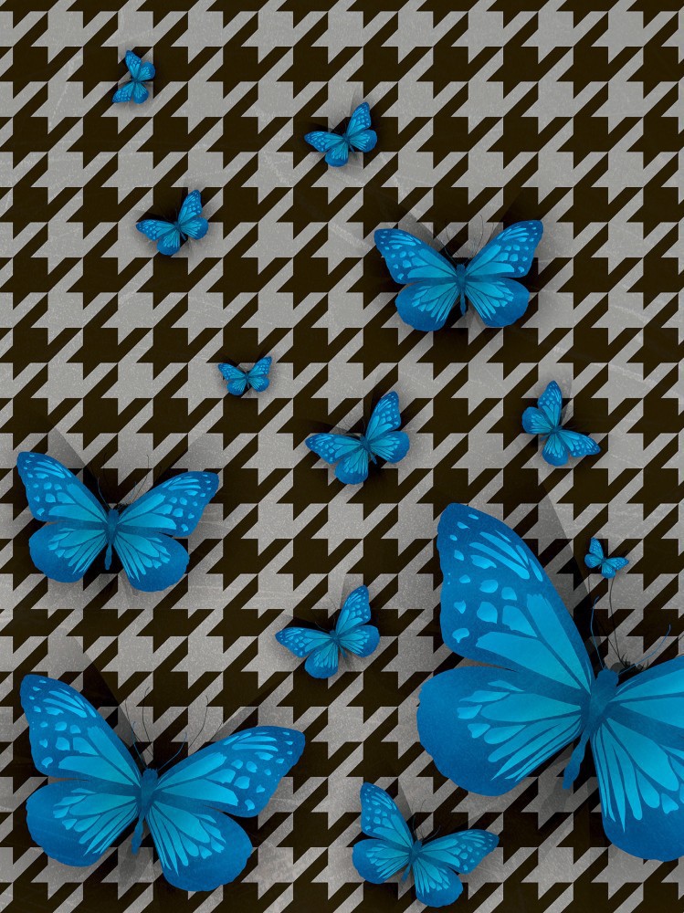 Флизелиновые фотообои в интерьере гостиной 206x275 см Синие бабочки на черно-сером фоне (1425VEA)+клей