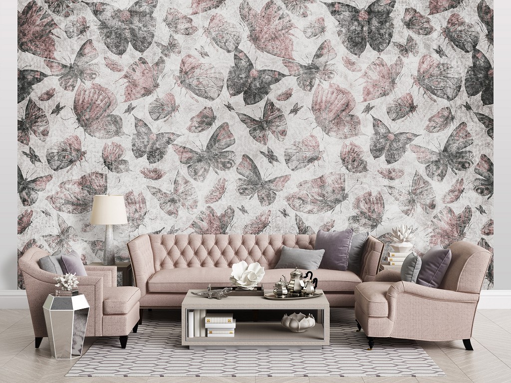 Флизелиновые фотообои под бетон 312x219 см Винтажные бабочки-мотыльки в стиле ретро (14292VEXXL)+клей