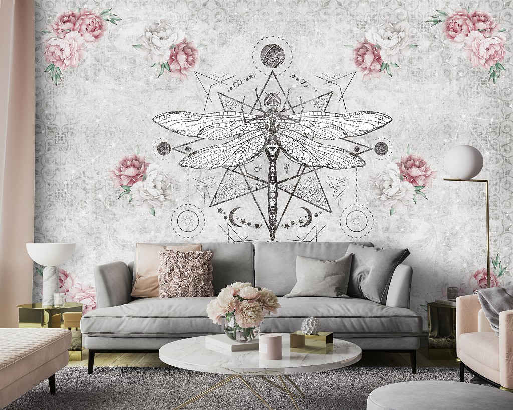 Флізелінові фотошпалери 416x290 см Бохо Стиль Бабка Рожеві Півонії (14293VEXXXXL)+клей