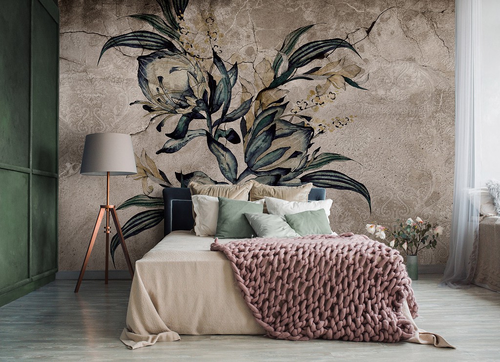 Готовые флизелиновые фотообои 368x254 см Природа Цветы Листья Ретро Бетон (14295V8)+клей