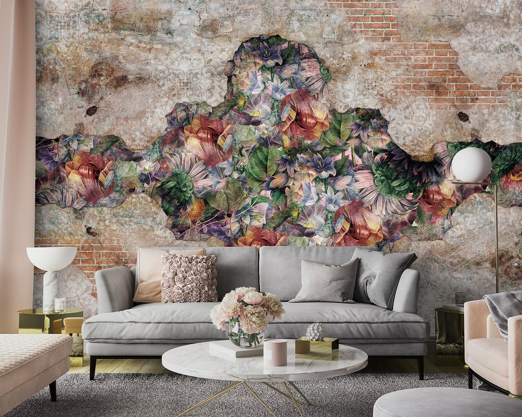 Флізелінові фотошпалери 368x254 см Природа Квіти Цегляна структура Орнаменти (14297V8)+клей