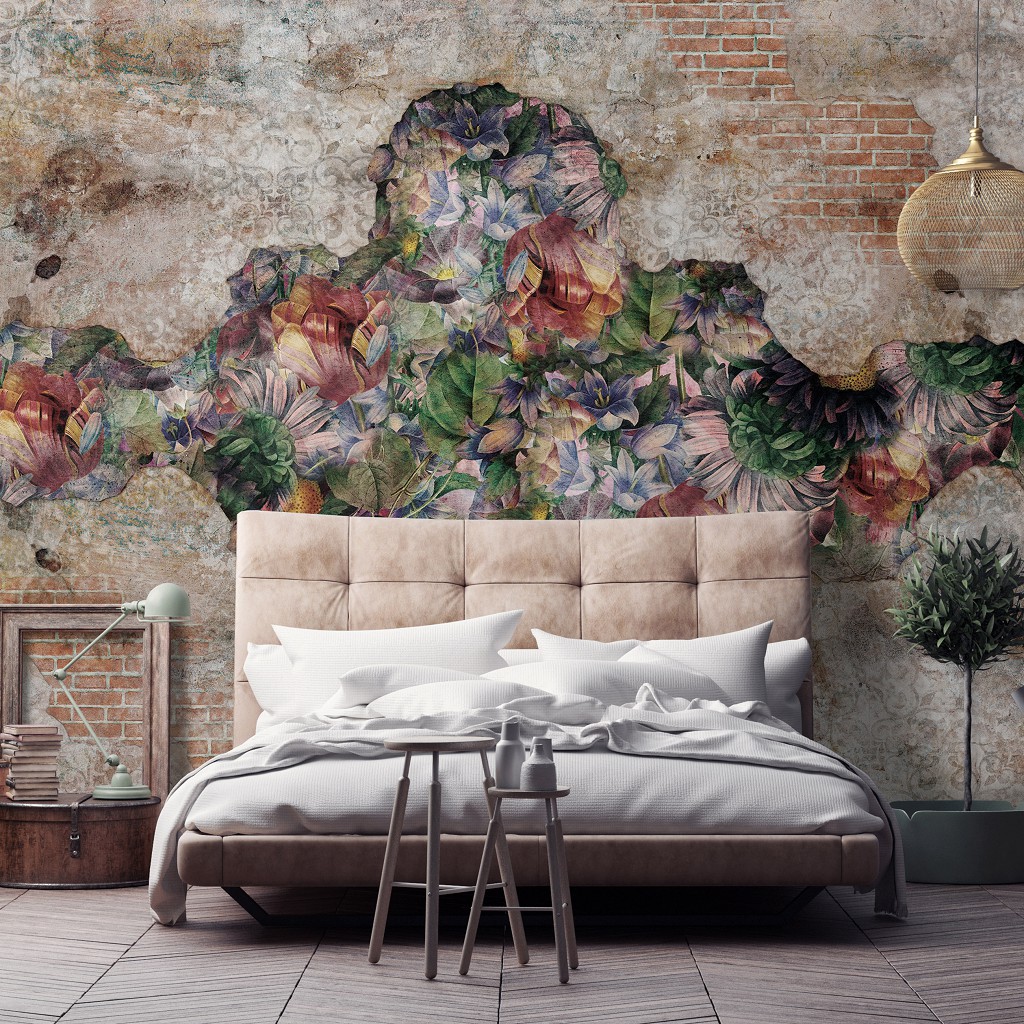 Флізелінові фотошпалери для зали 416x290 см Природа Квіти Цегляна структура Орнаменти (14297VEXXXXL)+клей