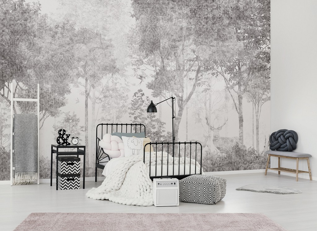 Природа дерева флізелінові фотошпалери 520x318 см Білий сірий ліс на світлому фоні під бетоном (14299VEXXXXXL) +клей