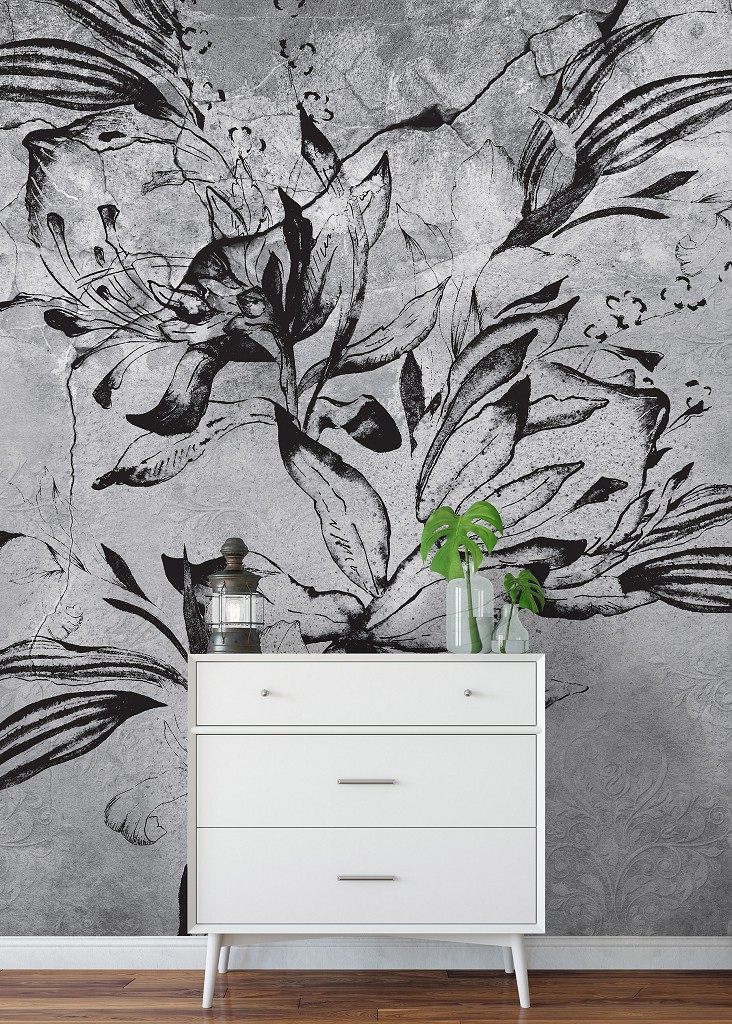 Флізелінові фотошпалери 312x219 см Чорна квітка на тлі стіни що тріснула під штукатуркою (14301VEXXL) +клей