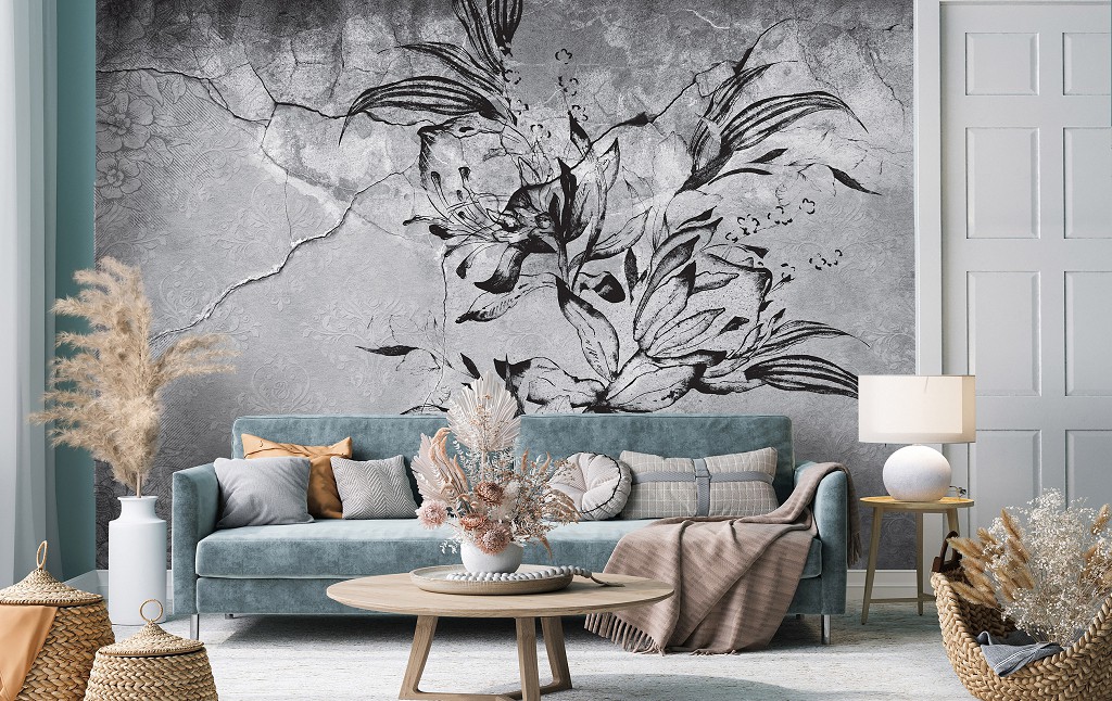 Флізелінові фотошпалери 416x254 см Чорна квітка на тлі стіни що тріснула під штукатуркою (14301VEXXXL) +клей