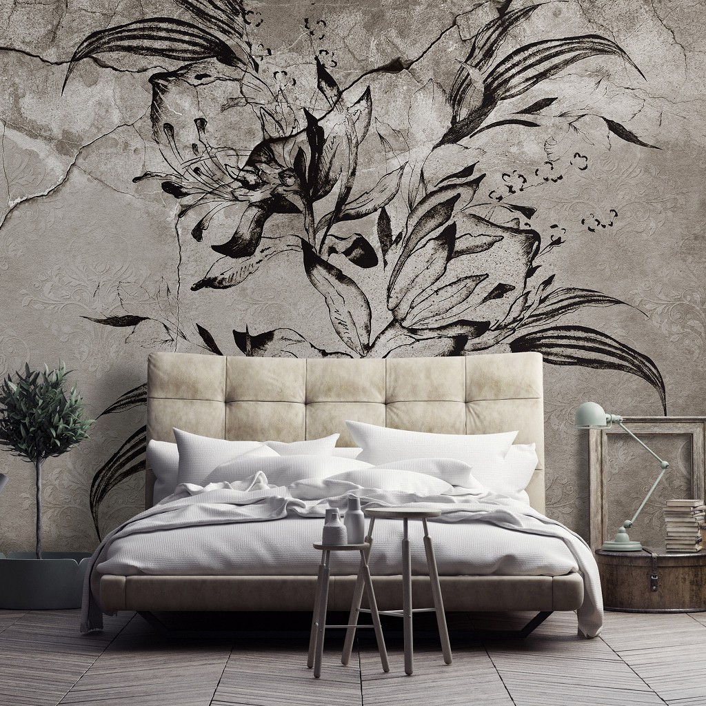 Флизелиновые фотообои 416x290 см Черный цветок на фоне треснувшей стены под бетон (14302VEXXXXL) +клей