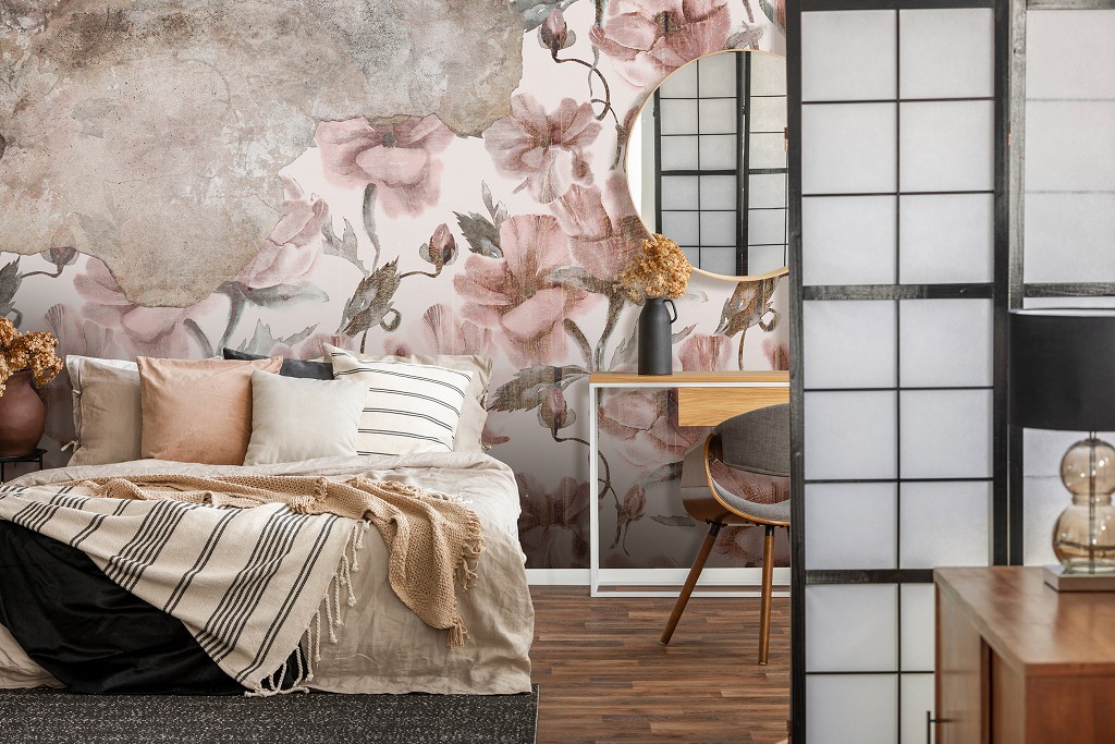 Флизелиновые фотообои листья 254x184 см Цветы на старой бетонной стене (14310V4)+клей