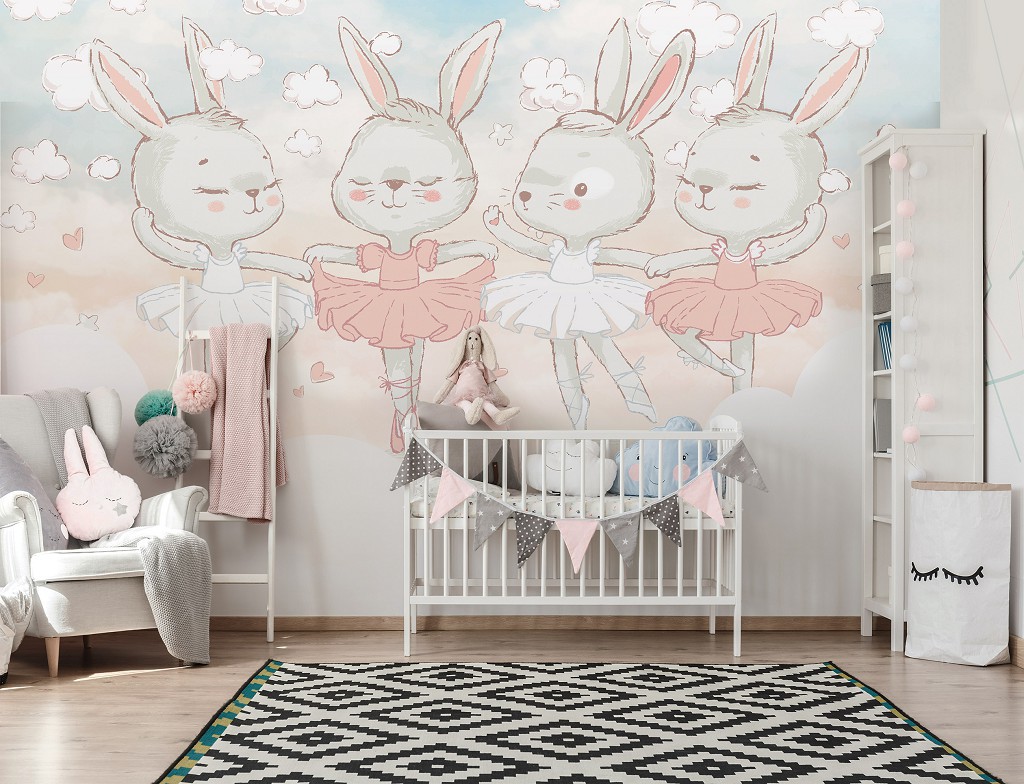 Флизелиновые фотообои в детскую 416x290 см Для Детей Животные Небо Сказка Зайчики (14312VEXXXXL)+клей
