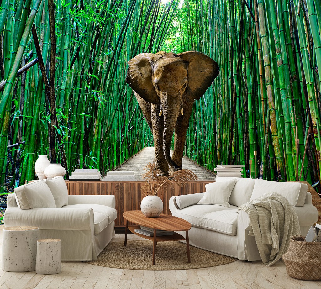 Флизелиновые 3D фотообои природа 312x219 см Животные Слон в бамбуковом лесу (14344VEXXL)+клей