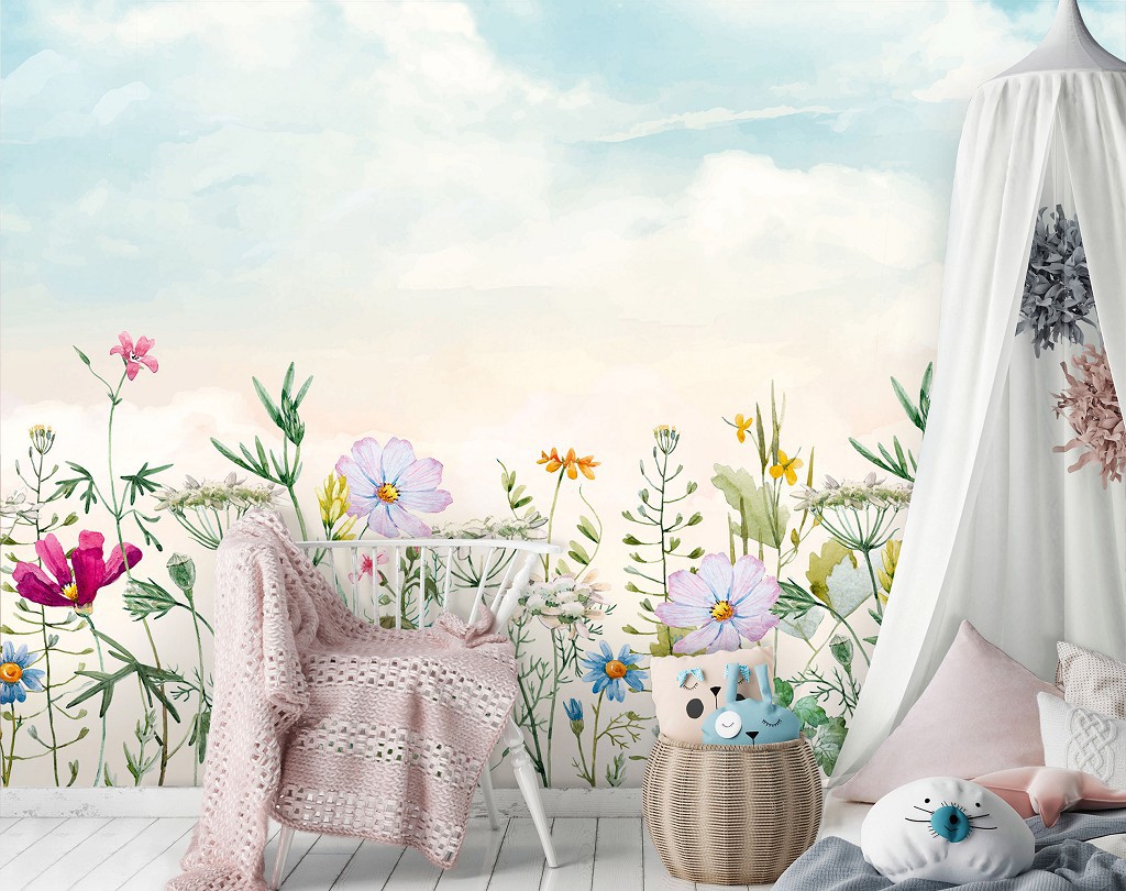Флизелиновые фотообои для спальни 312x219 см Полевые цветы и небо с облаками (14345VEXXL)+клей