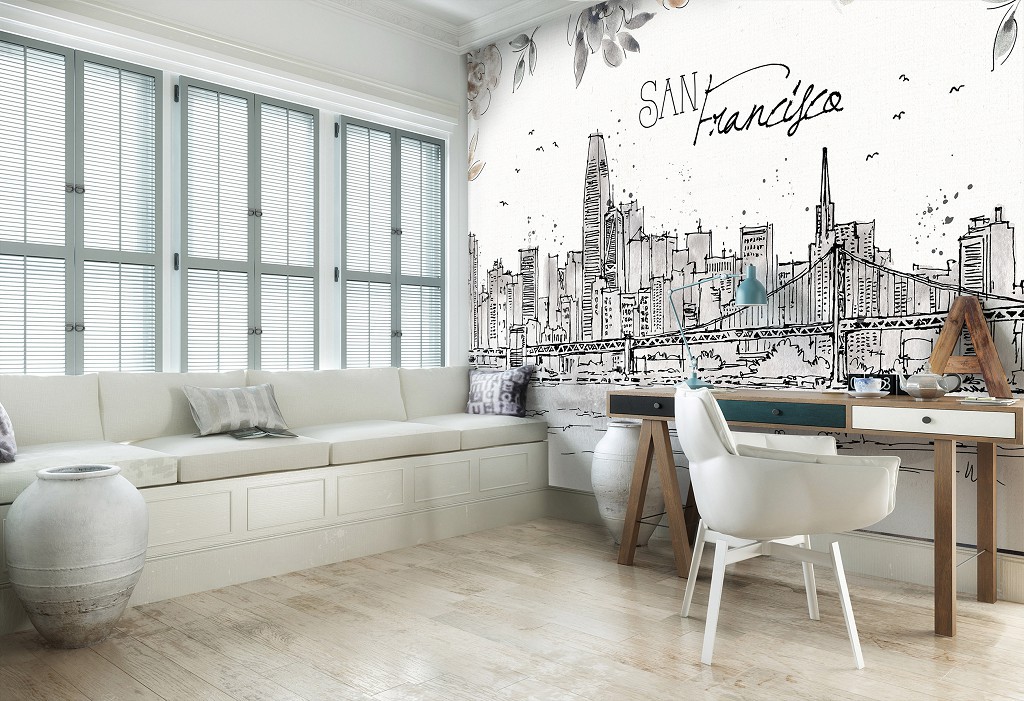 Красиві флізелінові фотошпалери на кухню Місто Сан-Франциско Мистецтво Малювання (14359V)+клей