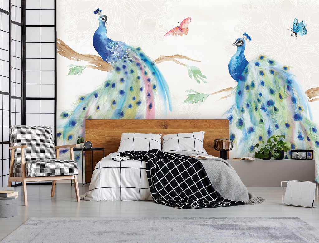 Флізелінові фотошпалери 520x318 см Намальовані на стіні птиці павичі та метелики (14384VEXXXXXL)+клей