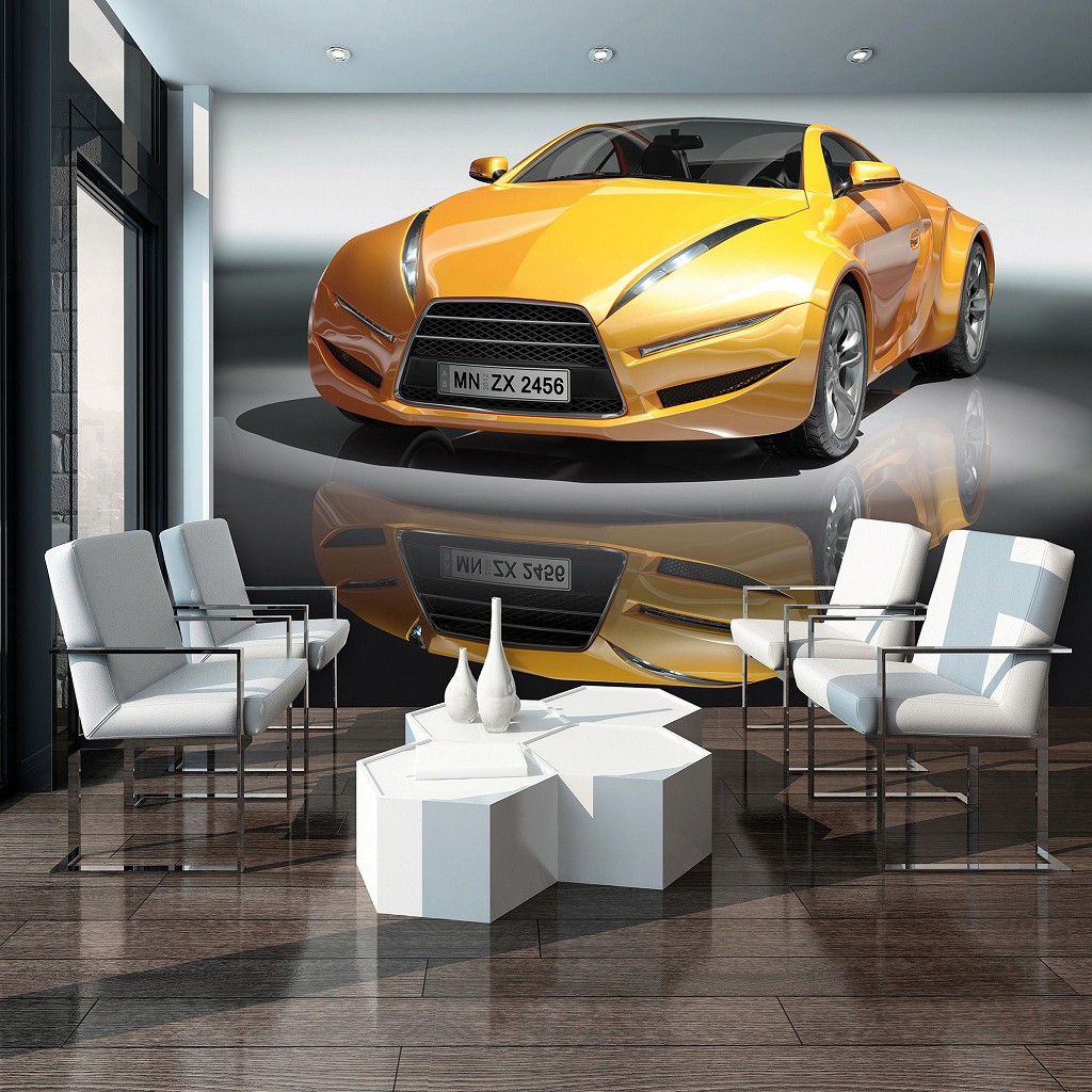 Флизелиновые фотообои 416x254 см 3Д Желтая спортивная машина (143VEXXXL)+клей