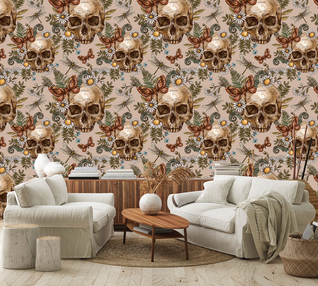 Флизелиновые фотообои с бабочками фото 312x219 см Винтажные черепа в деревенском стиле (14400VEXXL)+клей