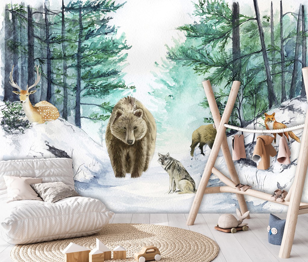 Флизелиновые фотообои природа 368x254 см Для детей акварельные лесные зверюшки (14410V8)+клей