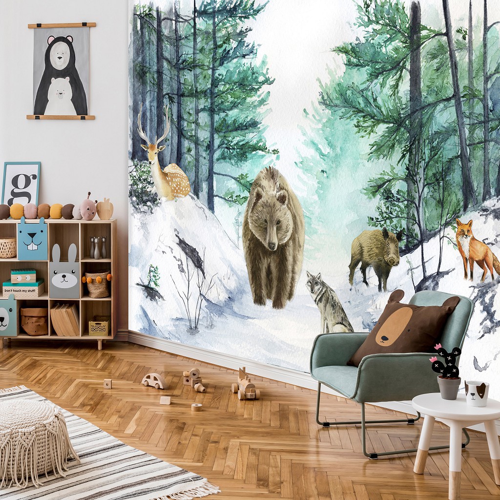 Дитячі флізелінові фотошпалери 254x184 см Для дітей акварельні лісові звірята (14410V4)+клей