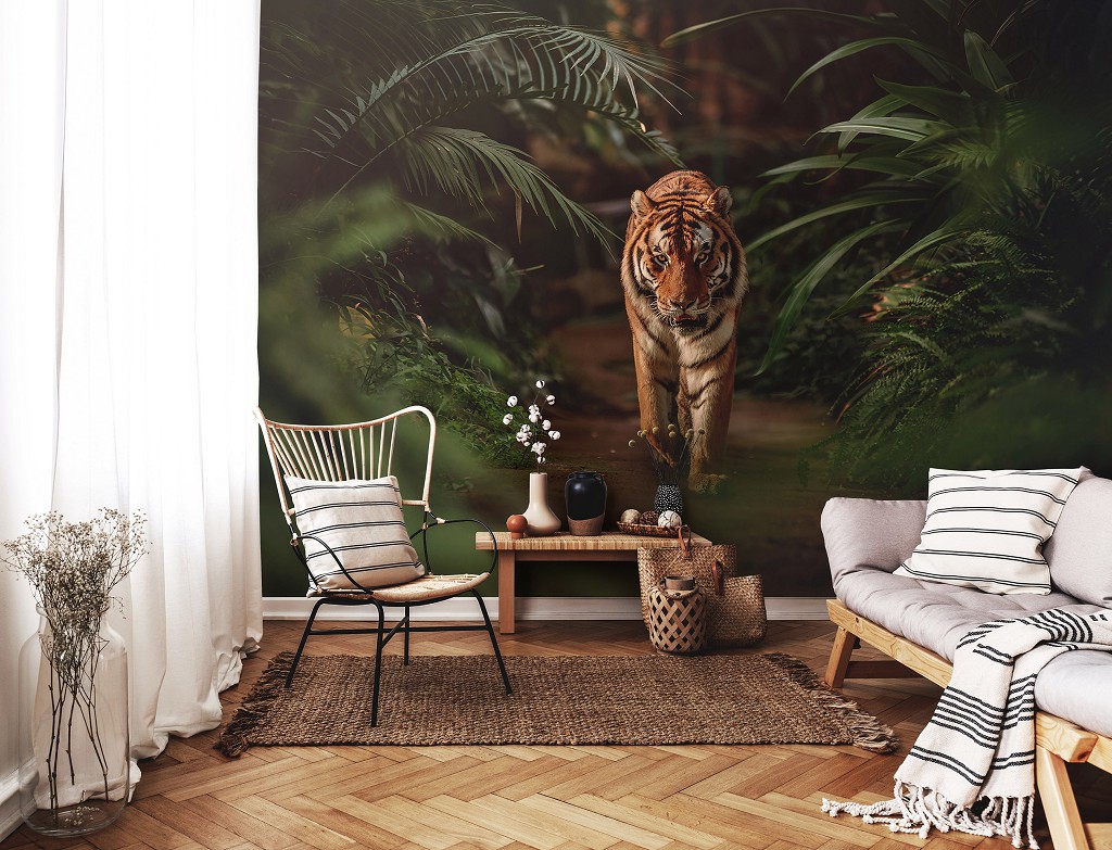 Флізелінові фотошпалери 3Д 368x254 см Тигр у зелених джунглях (14423V8)+клей