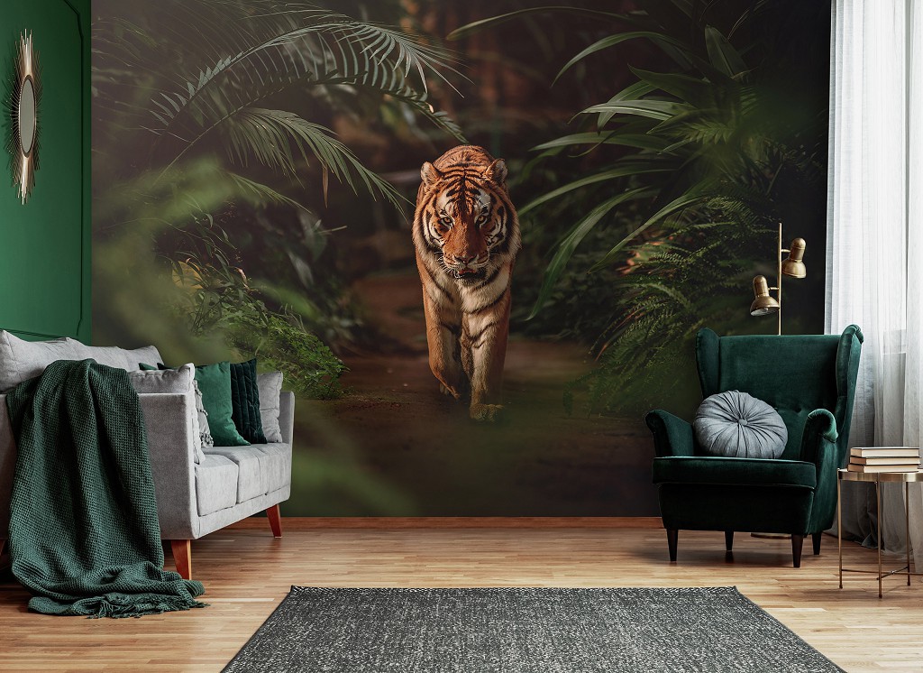 Флізелінові фотошпалери 3Д Тигр у зелених джунглях (14423V)+клей
