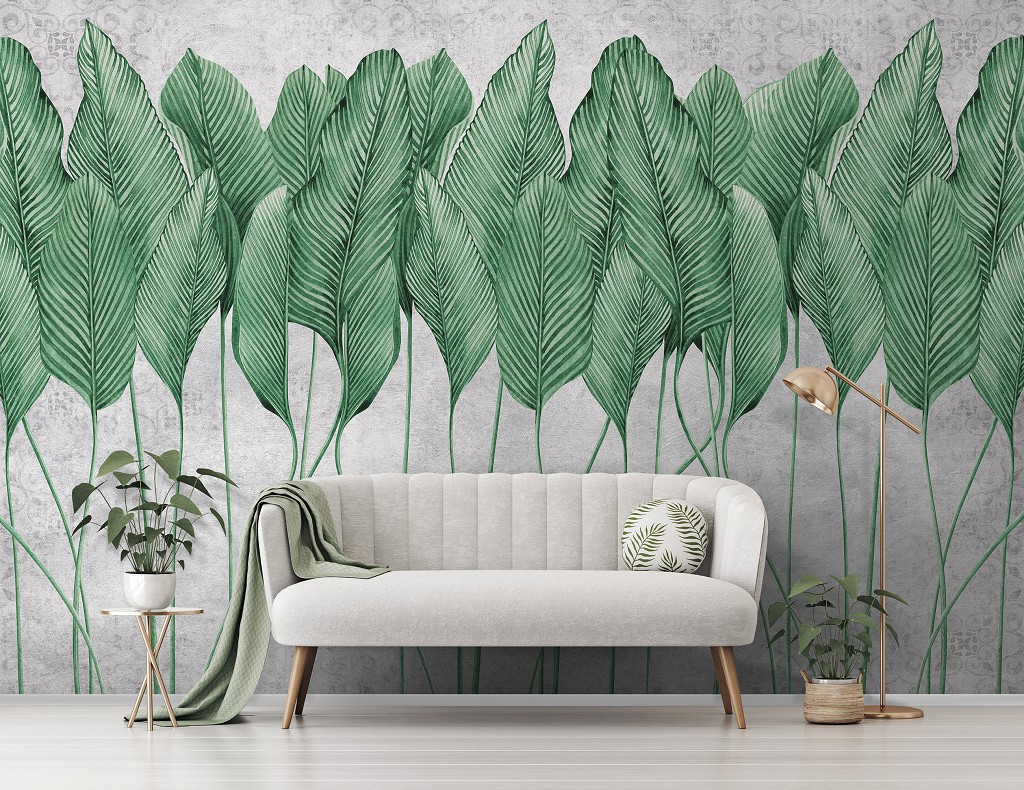 Популярні флізелінові фотошпалери 416x254 см Зелене листя на бетоні (14428VEXXXL)+клей