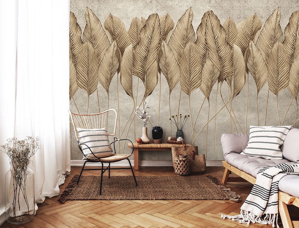 Флизелиновые фотообои с природой в интерьере 368x254 см Коричневые листья на бетоне (14429V8)+клей