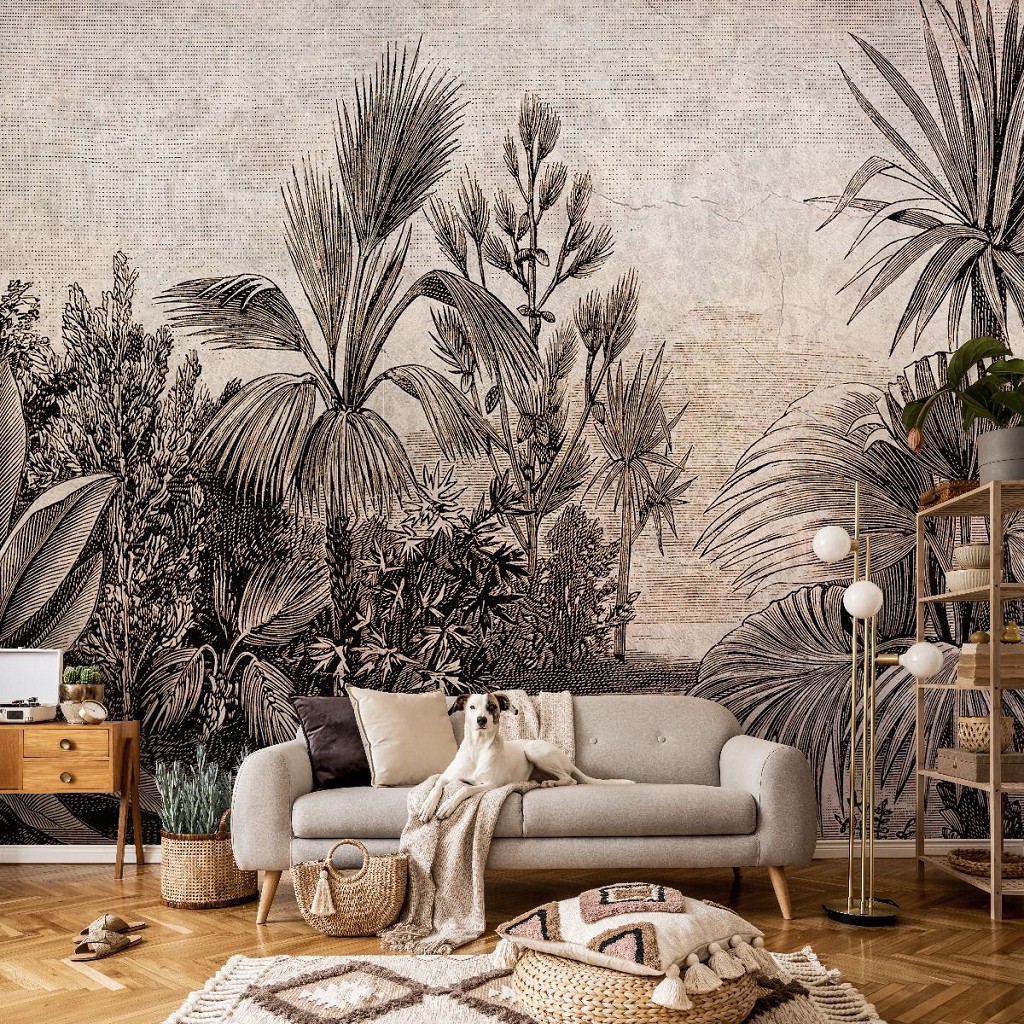 Квітучі дерева флізелінові фотошпалери 416x254 см Флора джунглів у стилі малюнка олівцем (14433VEXXXL) +клей