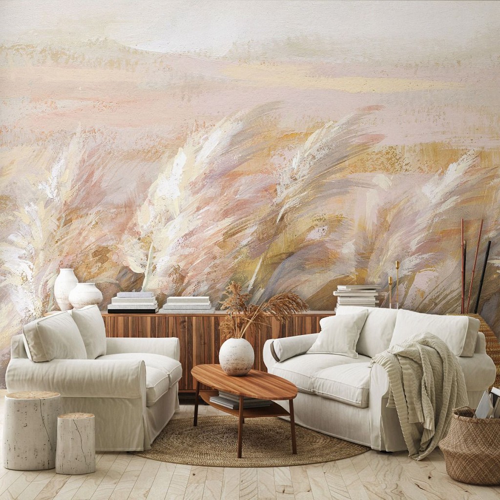 Флизелиновые фотообои живопись на стену 416x254 см Поле в пастельных цветах в рисованном стиле (14438VEXXXL) +клей