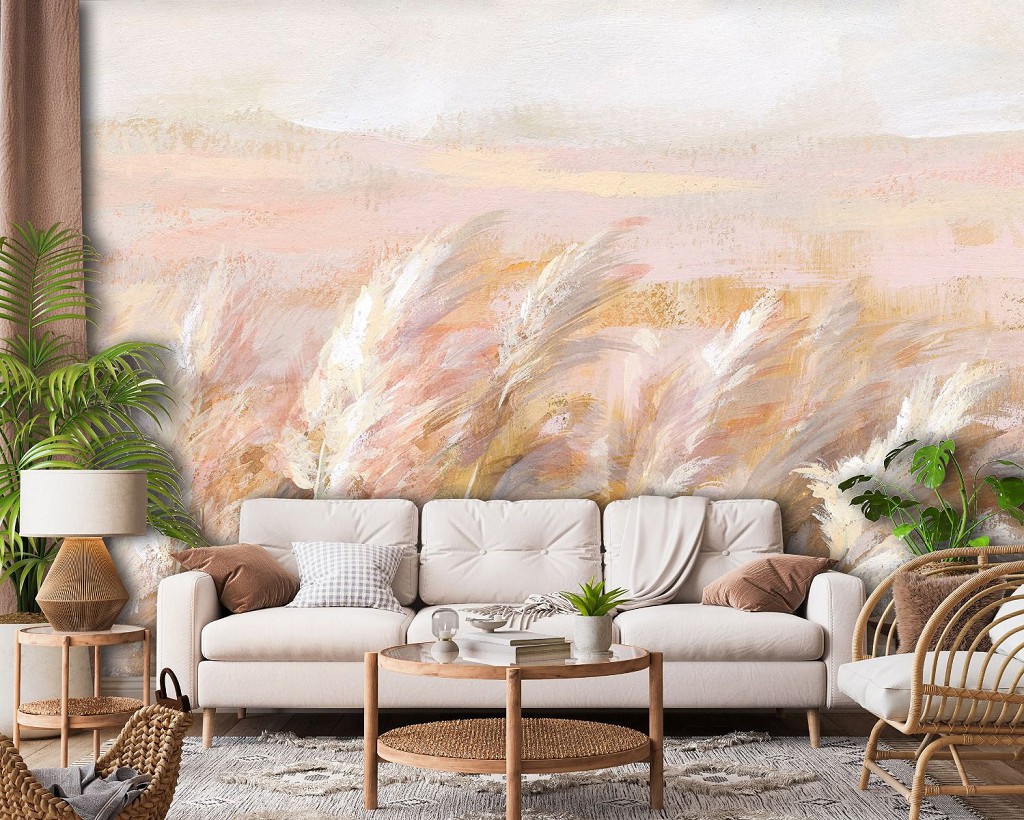 Флизелиновые фотообои живопись листья 520x318 см Поле в пастельных цветах в рисованном стиле (14438VEXXXXXL) +клей