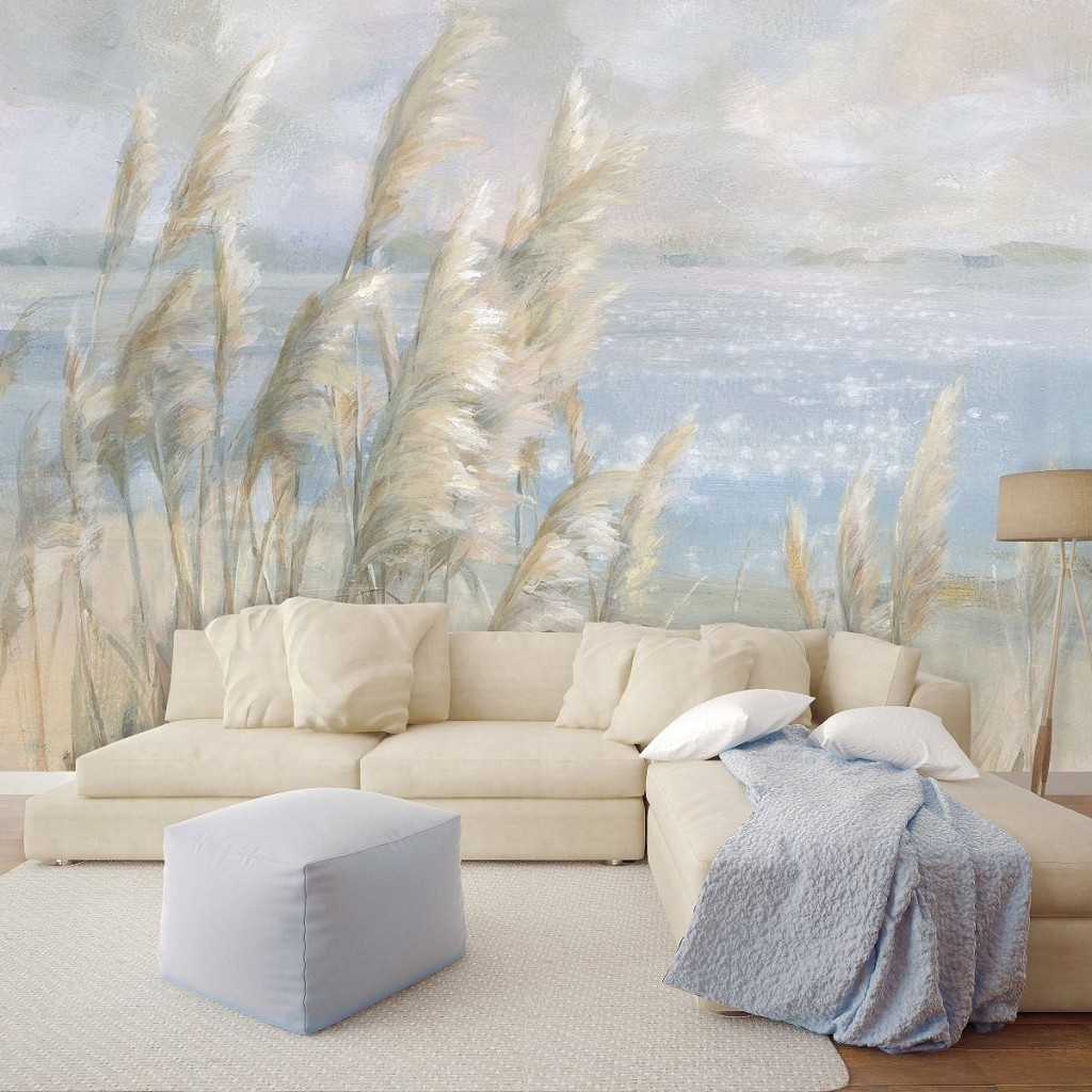 Флизелиновые фотообои живопись 416x254 см Сухая трава на берегу озера в рисованном стиле (14439VEXXXL) +клей