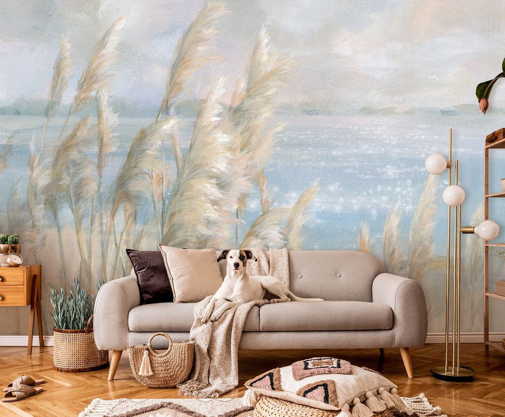 Флізелінові фотошпалери живопис 416x290 см Суха трава на березі озера в мальованому стилі (14439VEXXXXL) +клей