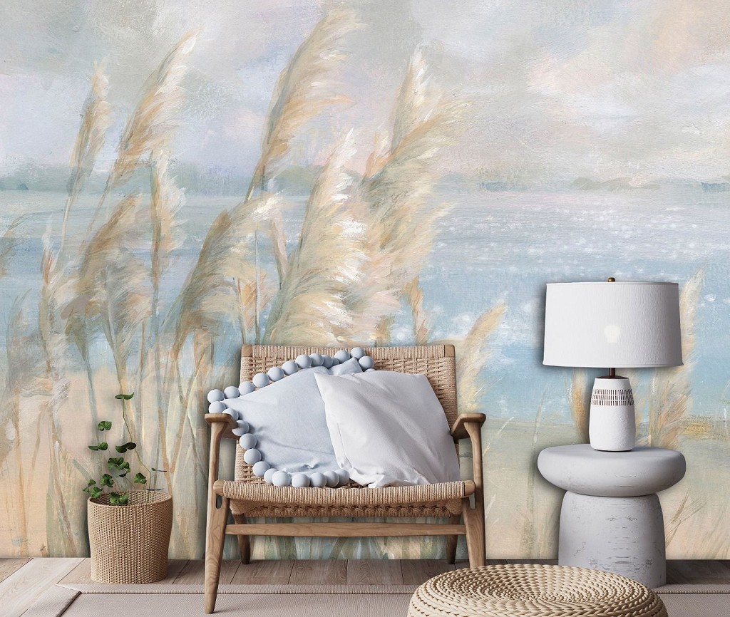 Листья флизелиновые фотообои живопись 520x318 см Сухая трава на берегу озера в рисованном стиле (14439VEXXXXXL) +клей