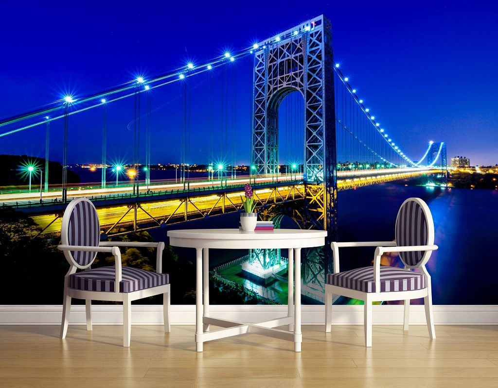 Флизелиновые 3Д фотообои в зал 416x254 см Мост Джорджа Вашингтона ночью (1443VEXXXL)+клей