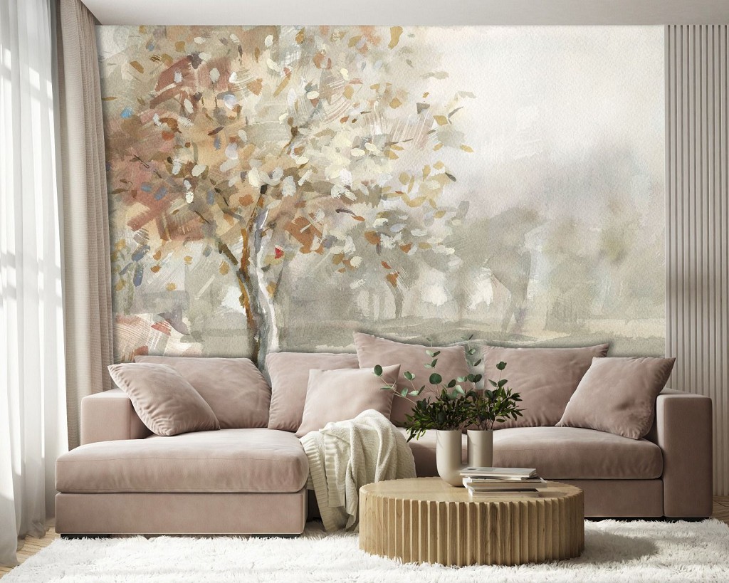 Флизелиновые фотообои живопись искусство 520x318 см Дерево с осенними листьями в рисованном стиле (14442VEXXXXXL) +клей