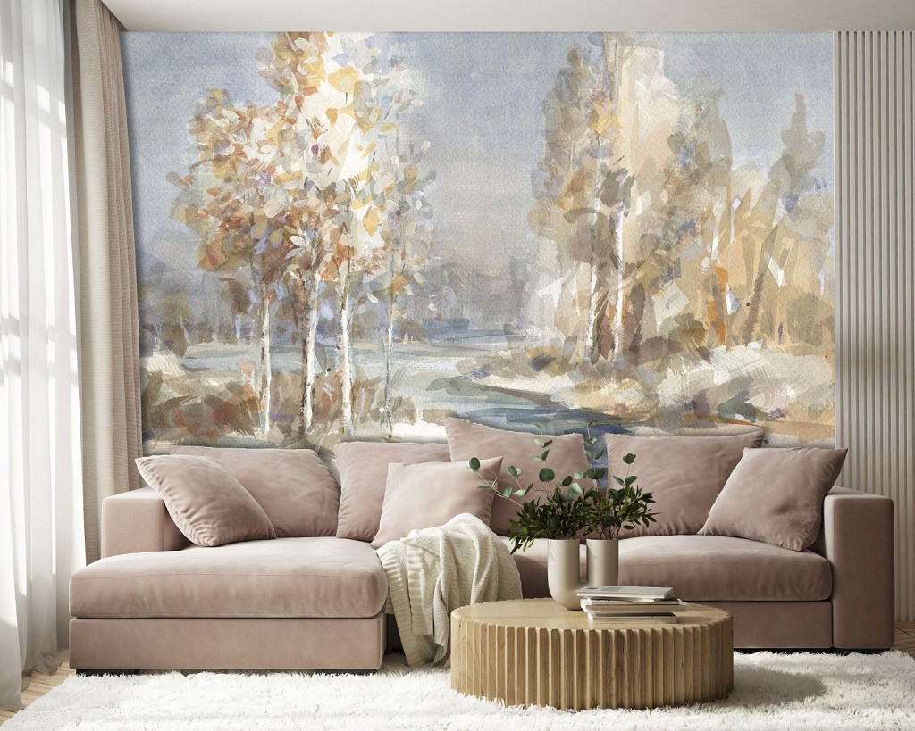 Флизелиновые фотообои живопись искусство 416x290 см Осенний пейзаж реки в рисованном стиле (14443VEXXXXL) +клей