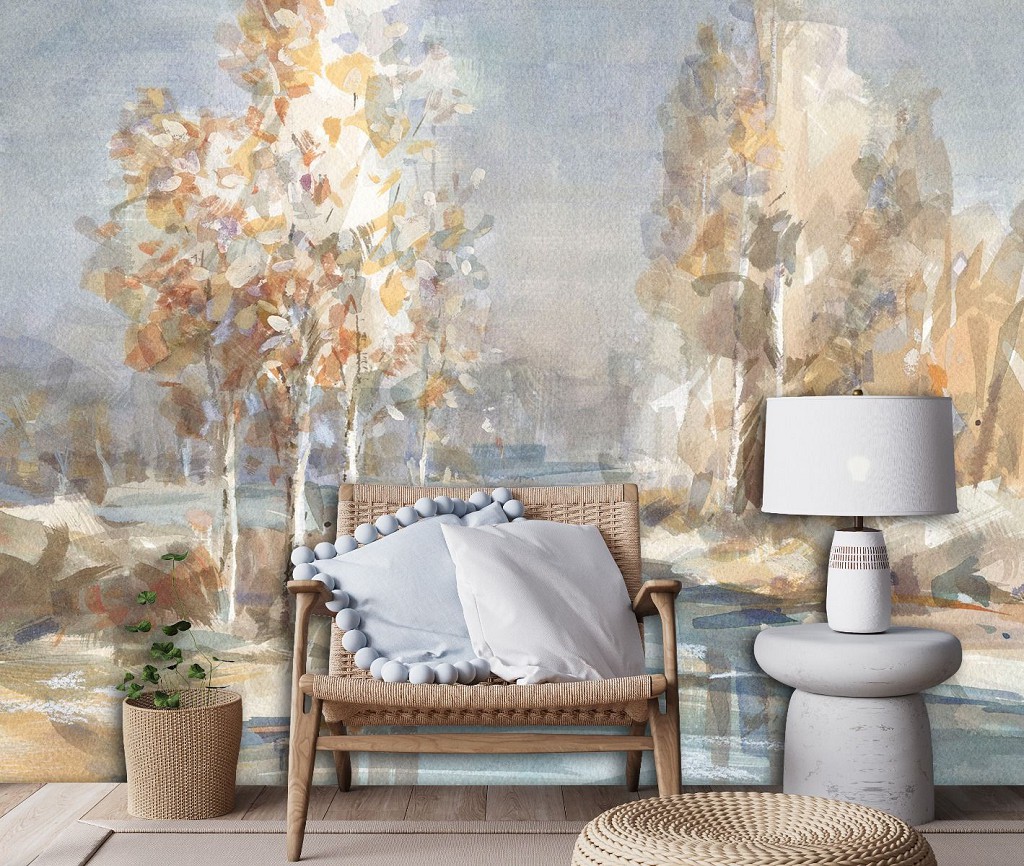 Флізелінові фотошпалери з деревами живопис мистецтво 460x300 см Осінній пейзаж річки в мальованому стилі (14443V12) +клей