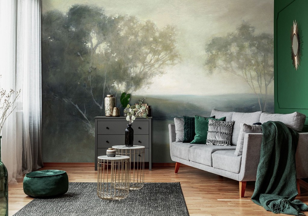 Флизелиновые фотообои живопись искусство 254x184 см Бледный пейзаж водоема в рисованном стиле (14446V4) +клей