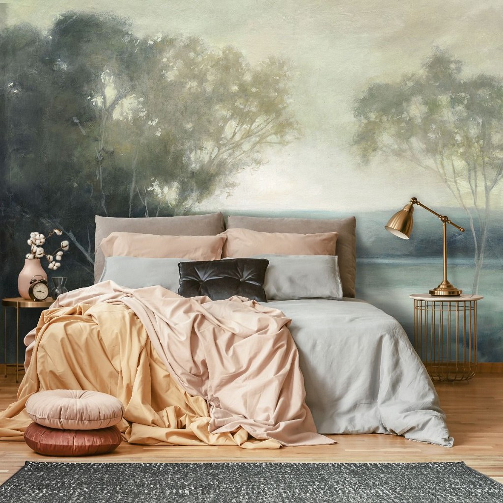 Флизелиновые фотообои живопись искусство 416x290 см Бледный пейзаж водоема в рисованном стиле (14446VEXXXXL) +клей