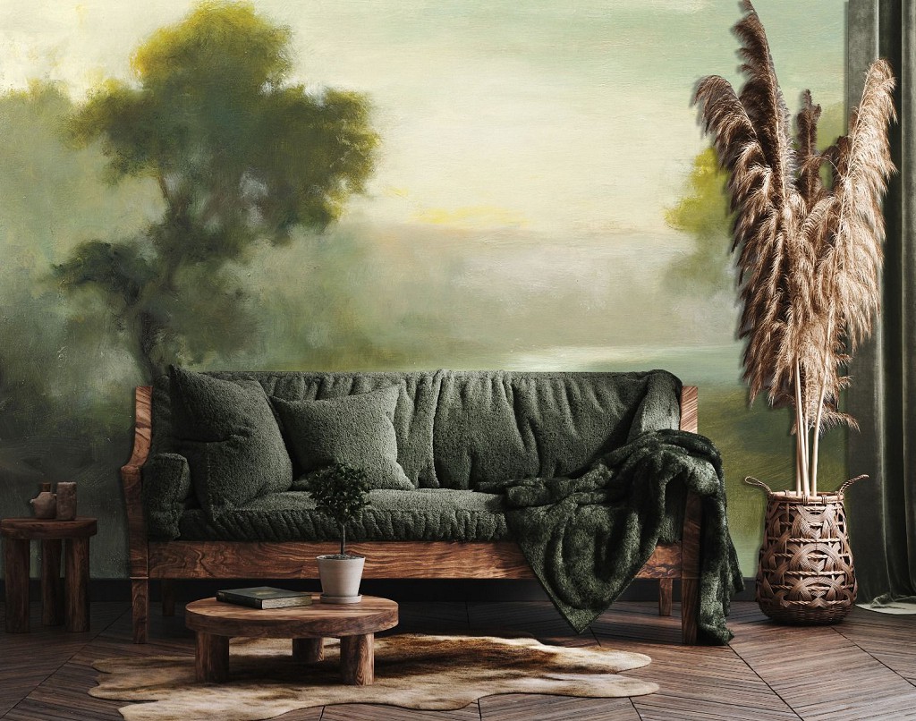 Флизелиновые фотообои живопись искусство 520x318 см Пейзаж реки в весеннее время в рисованном стиле (14447VEXXXXXL) +клей