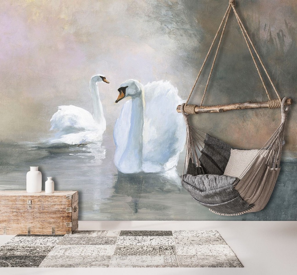Флизелиновые фотообои птицы живопись искусство 368x254 см Пара белых лебедей в рисованном стиле (14452V8) +клей