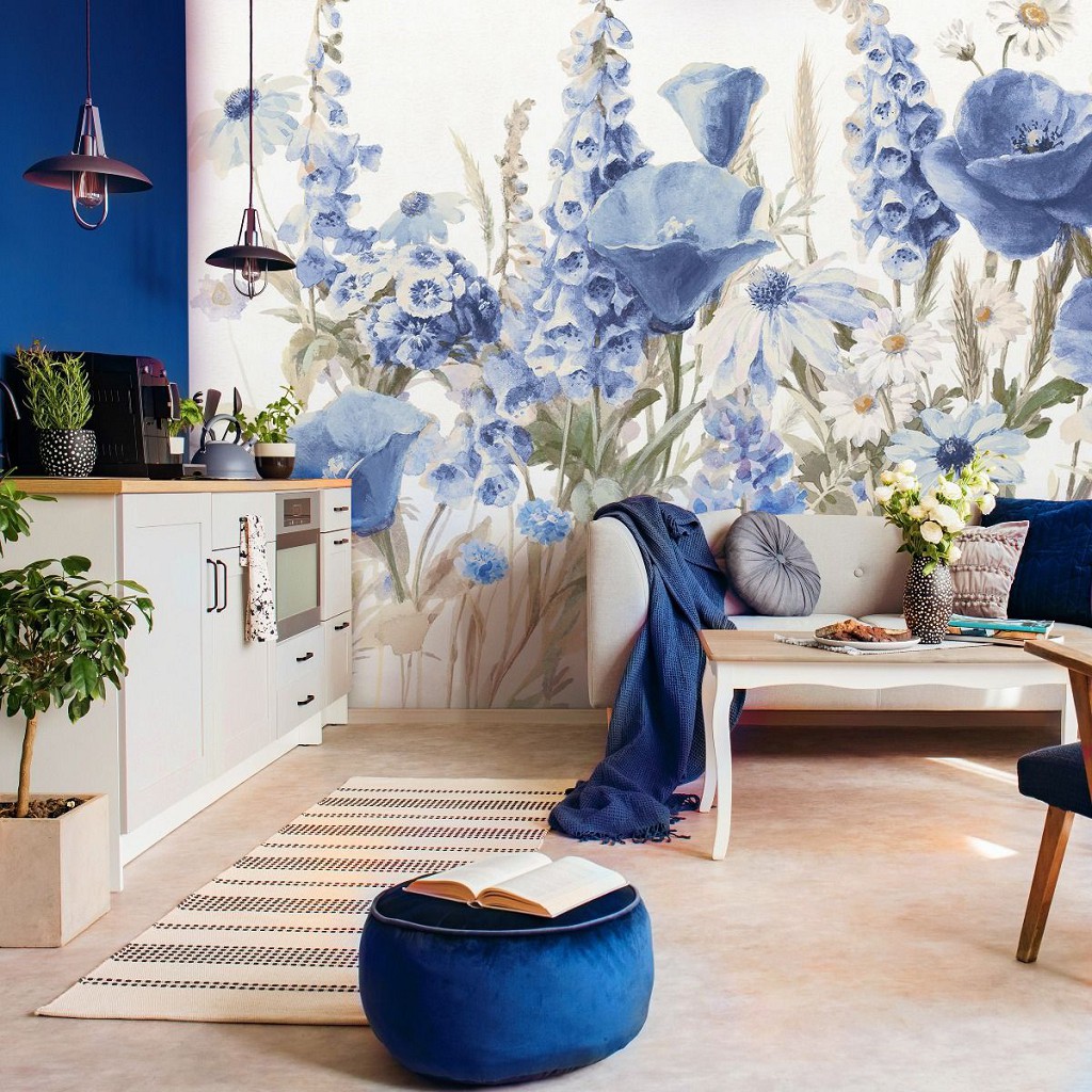 Флізелінові фотошпалери живопис мистецтво 254x184 см Квіти в синьому кольорі в мальованому стилі (14479V4) +клей