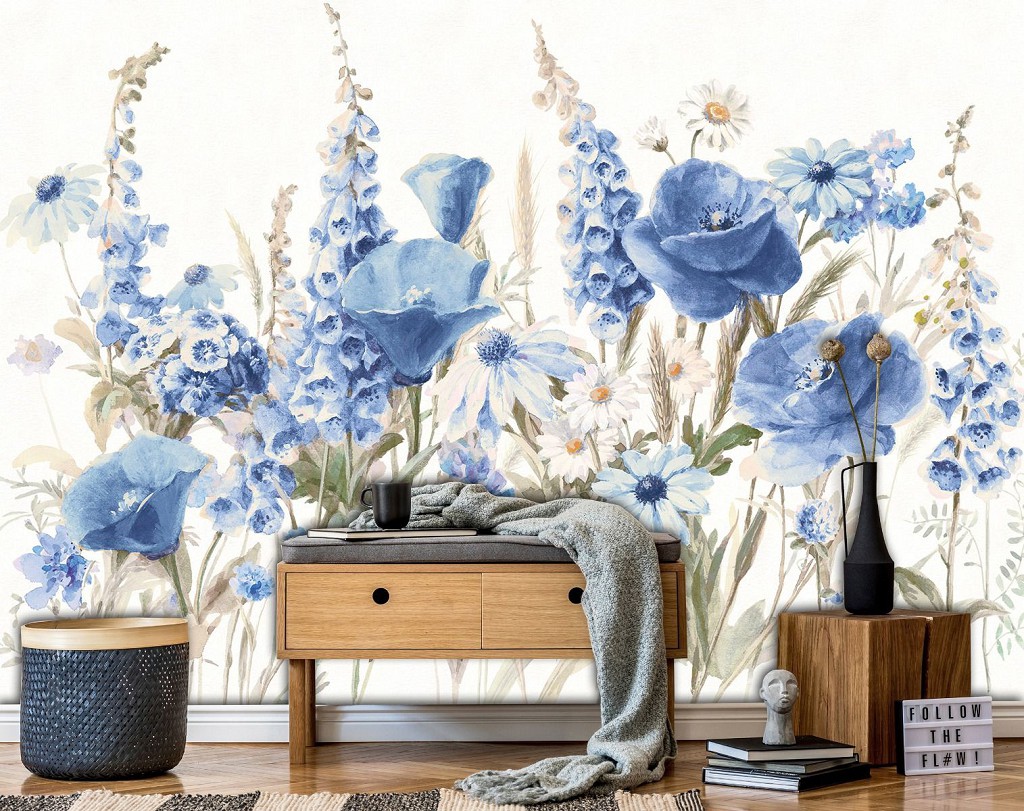 Флізелінові фотошпалери живопис мистецтво 460x300 см Квіти в синьому кольорі в мальованому стилі (14479V12) +клей