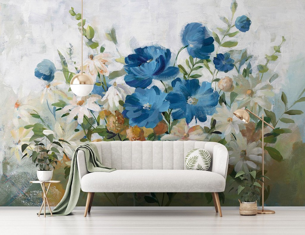 Флизелиновые фотообои живопись искусство 368x254 см Разноцветные весенние цветы в рисованном стиле (14484V8) +клей