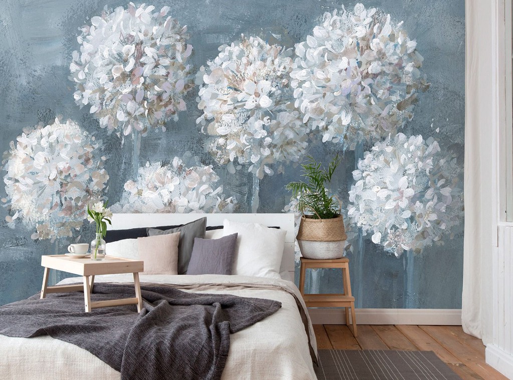 Флізелінові фотошпалери живопис мистецтво 368x280 см Пишні білі квіти на темному сірому фоні в мальованому стилі (14487V10) +клей