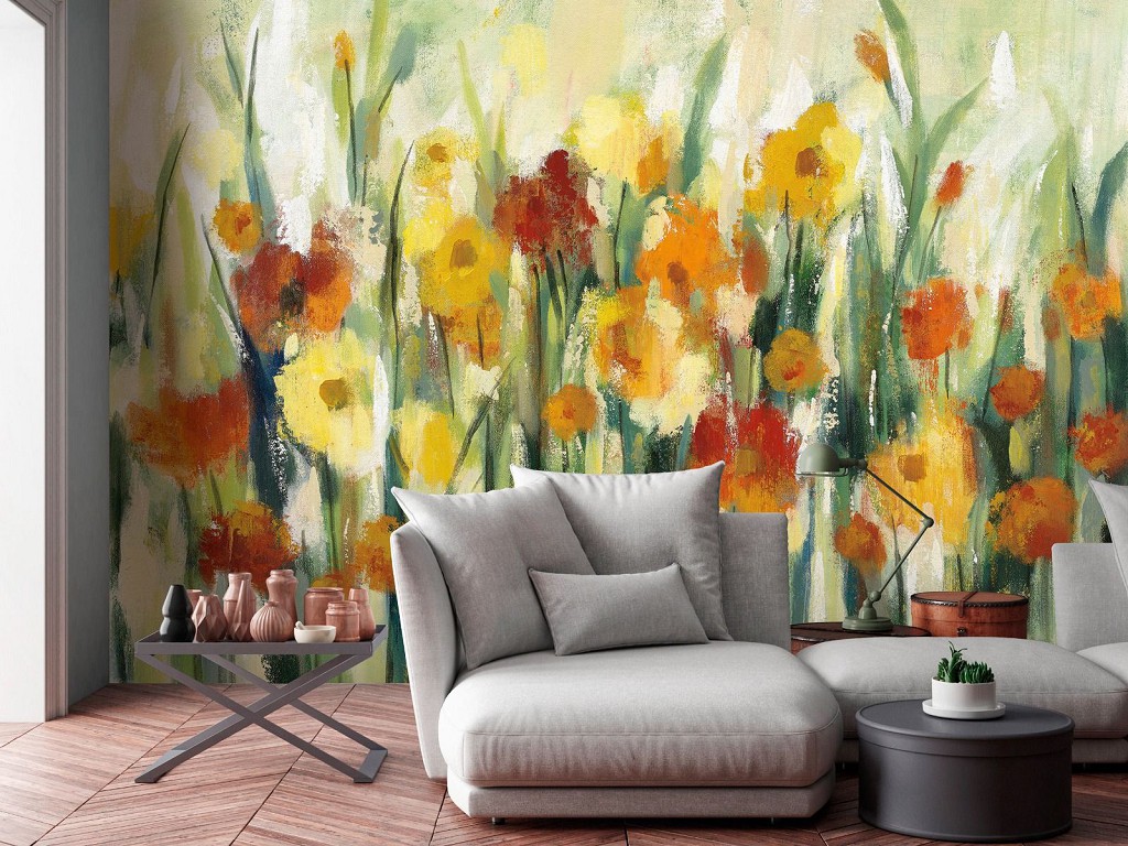 Флизелиновые фотообои живопись искусство 416x290 см Желтые и красные цветы в рисованном стиле (14489VEXXXXL) +клей