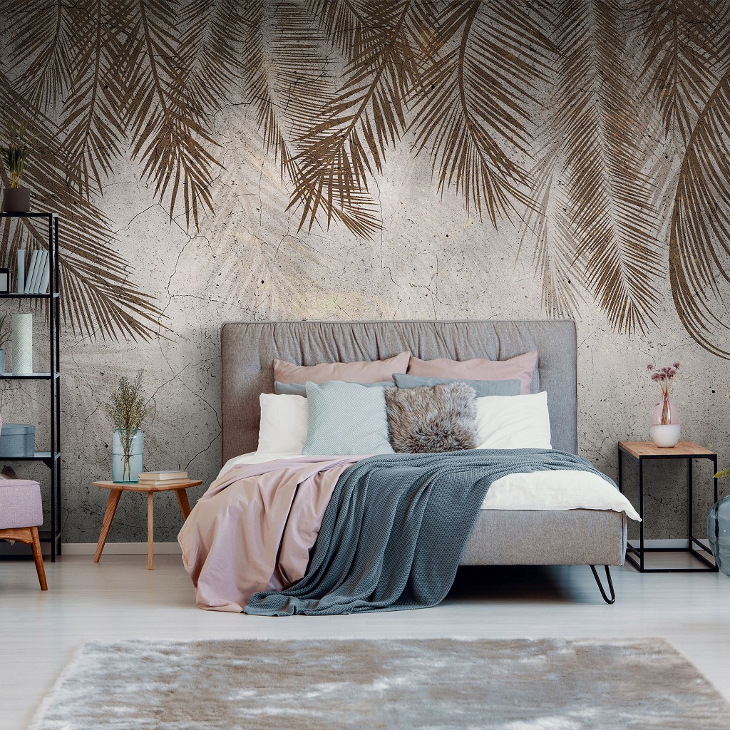 Флізелінові фотошпалери для спальні 312x219 см Листя на стіні з бетону (14496VEXXL)+клей