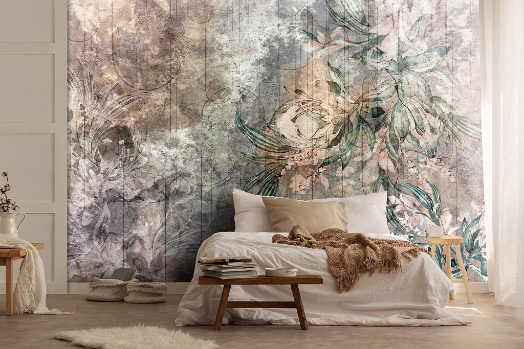 Флизелиновые фотообои ретро 416x254 см Структура стены - цветы и листья (14509VEXXXL)+клей