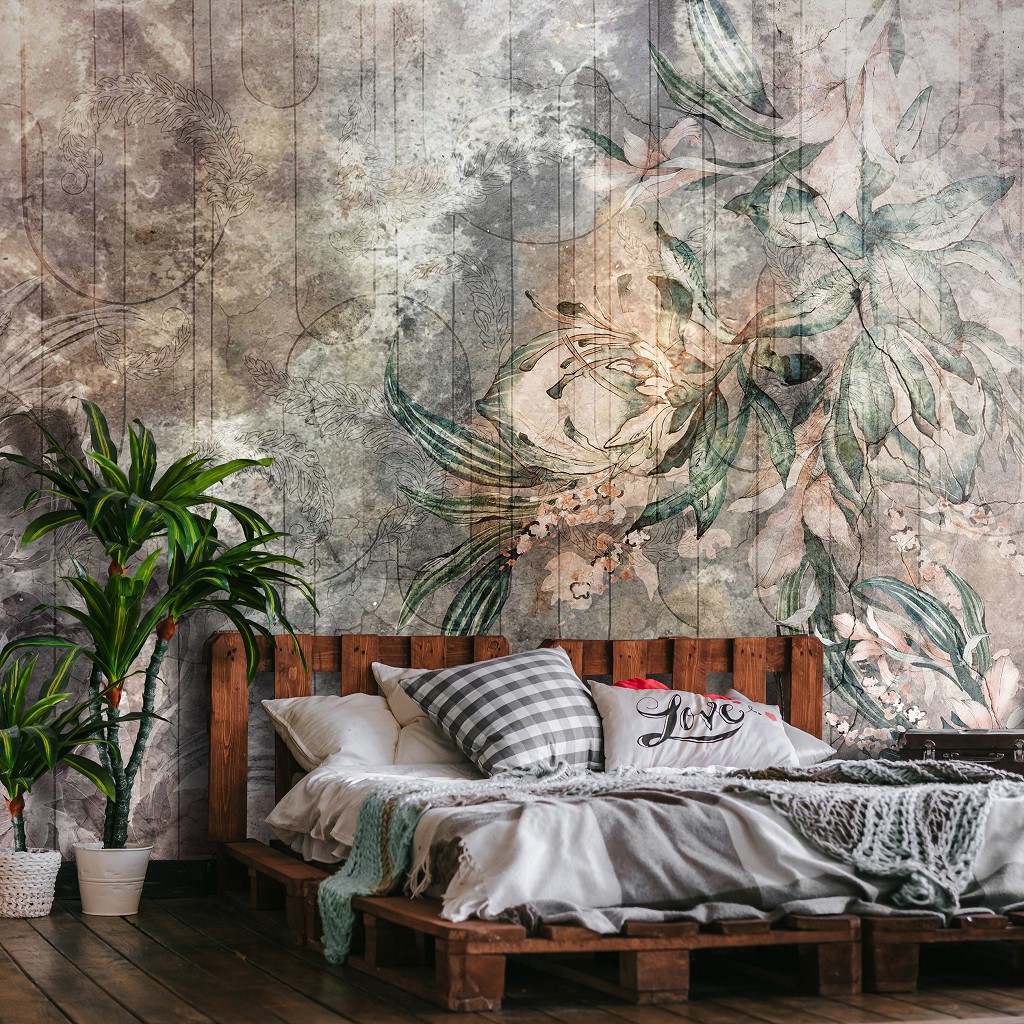 Красивые флизелиновые фотообои на кухню 416x290 см Структура стены - цветы и листья (14509VEXXXXL)+клей