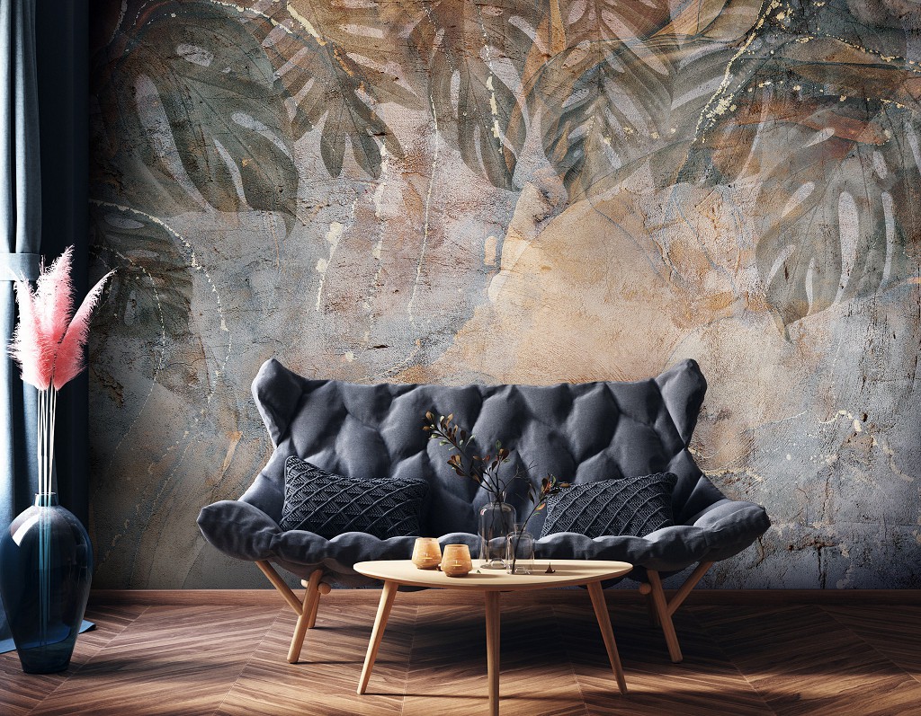 Популярные флизелиновые фотообои 416x290 см Листья монстеры на бетонной стене (14513VEXXXXL)+клей