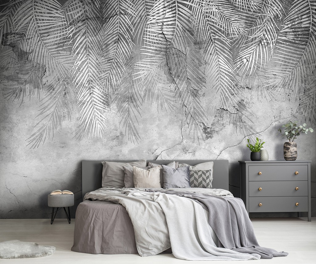 Красивые флизелиновые фотообои на кухню 368x254 см Серые листья пальмы на бетонной стене (14514V8)+клей