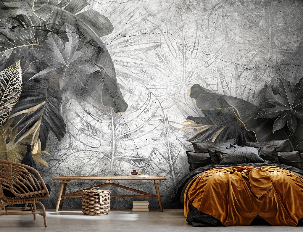 Флізелінові фотошпалери до спальні 312x219 см Велике сіре листя на бетонній стіні (14516VEXXL)+клей