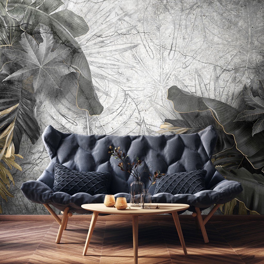 Флизелиновые фотообои под бетон 368x254 см Большие серые листья на стене (14516V8)+клей